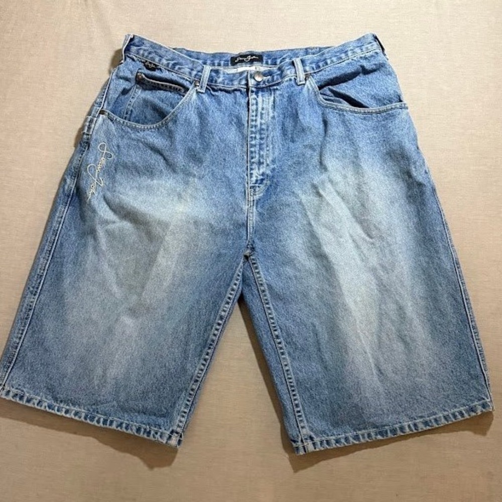 Sean John Denim Jean Shorts Mens Medium Wash‎ Embroidered Logo Faded Blue 38X13.